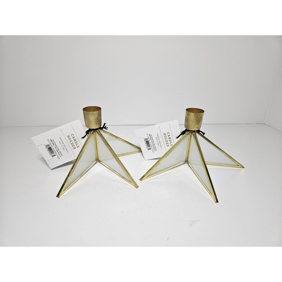 Target Other - Set of‎ 2 Target Star Taper Candle Holders Gold Brass Leaded Glass Christmas NWT